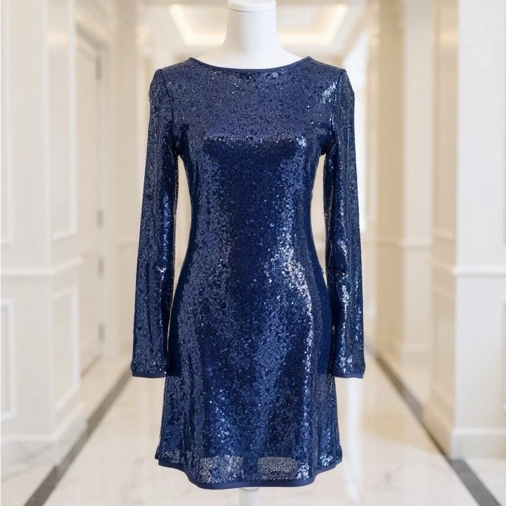 Cupio Navy Sequin cocktail Dress. Long sleeves. Sparkles. - Picture 1 of 9